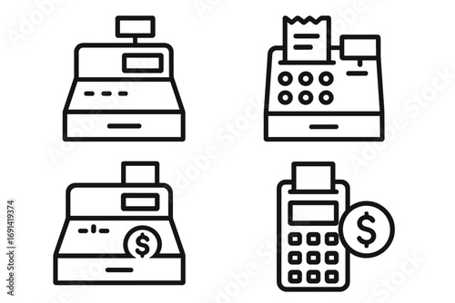 Cash register line icon bundle. POS terminal pictogram. Payment, transaction, checkout concept. Store, sale, finance, retail symbol. Editable stroke vector illustration.