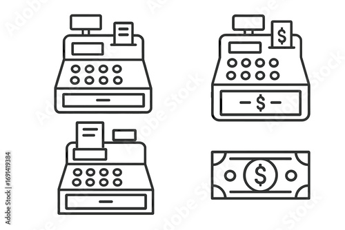 Cash register line icon set. Editable stroke pictogram collection. Concept of retail, payment, and transaction. Minimalist till, money, dollar, and receipt symbols.