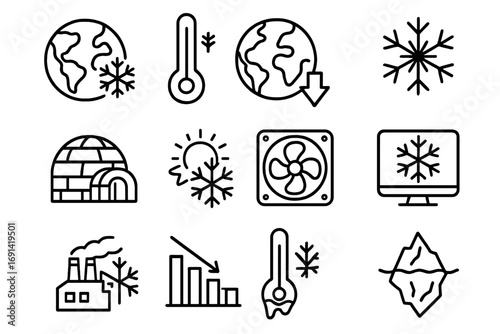Global cooling and ice age line icon set. Climate change concept. Planet earth temperature drop, cold weather signs. Vector pictograms for infographics, web, and apps.