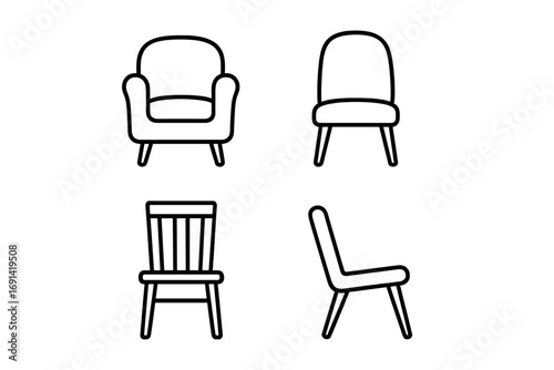 Chair and armchair icon set. Furniture line art collection for home decor. Vector symbols for interior design, UI, UX, web, and mobile app. Editable stroke illustration.