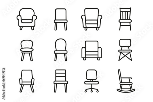 Chair and furniture line icon set. Collection of various seat types like armchair, office and rocking chair. Simple outline vector symbols for web, apps or interior design.
