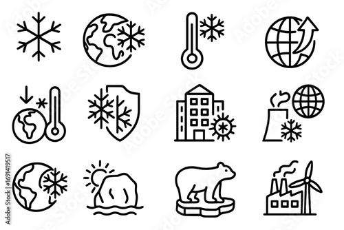 Climate change and global warming icon set. Thin line icons for ecology and environment. Winter, cold weather, and ice age symbols. Vector signs for pollution, energy, and planet earth.