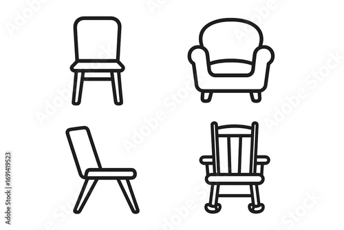 Chair outline icon set. Simple linear furniture collection with editable stroke. Vector illustration of armchair, rocking chair, modern and classic seats for home interior design.