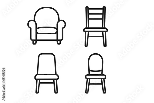 Chair and armchair outline icon set. Simple linear furniture collection for interior design. Minimalist seat and sofa symbols for web, apps. Vector graphic illustration.