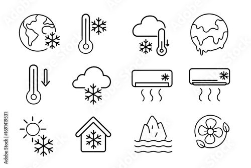 Weather and climate change line icon set. Global cooling, winter, snow, cold temperature, thermometer, iceberg, air conditioner vector icons for web, app, and graphic design.