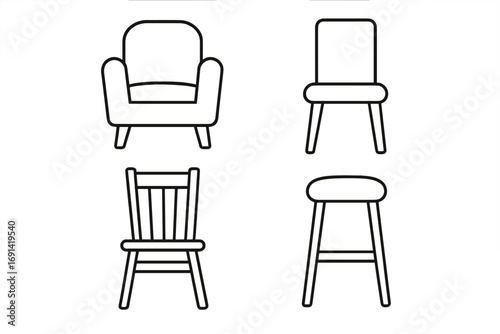 Chair and furniture line icon set. Collection of simple isolated seats including armchair, stool, and dining chairs. Vector illustration with editable stroke for web design, apps.