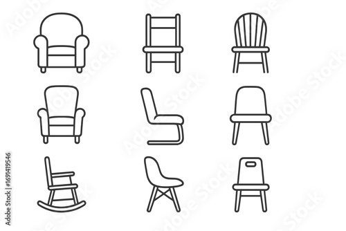 Chair and furniture line icon set. Collection of various seating types like armchair, rocking chair, and office seat. Vector outline symbols for interior design. Editable stroke.