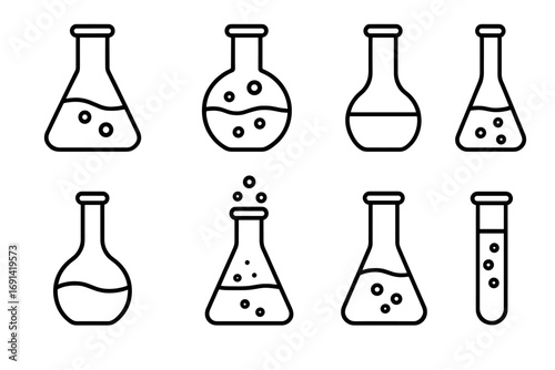 Chemistry lab flask icon set. Science research outline symbols. Laboratory glassware, beaker, test tube with liquid and bubbles. Vector for experiment, education, pharmacy.