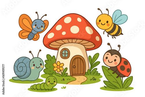 Cute insect character set with mushroom house. Adorable kawaii cartoon butterfly, bee, snail, ladybug, caterpillar for kids. Vector forest nature clipart illustration.