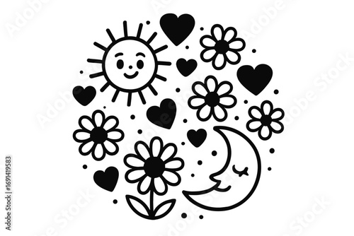 Cute cartoon doodle set with sun, moon, hearts, and flowers. Black and white vector illustration. Celestial harmony and nature love concept. Day and night circular pattern.