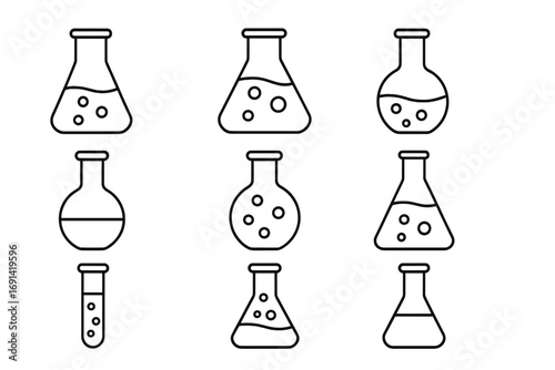 Laboratory flask and beaker line icon pack. Science, chemistry, and biology research equipment. Vector outline symbols for experiment, medical test, or educational design.