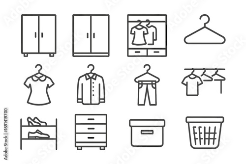 Wardrobe and closet organization line icon set. Vector icons of furniture, clothing, storage, and accessories. Editable stroke for UI, UX, web, and app design.