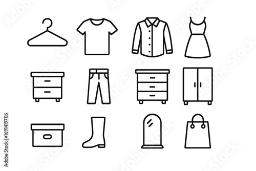 Closet & wardrobe essentials icon set. Home furniture & clothing outline collection. Simple linear icons for fashion, storage & apparel. Vector illustration, editable stroke.
