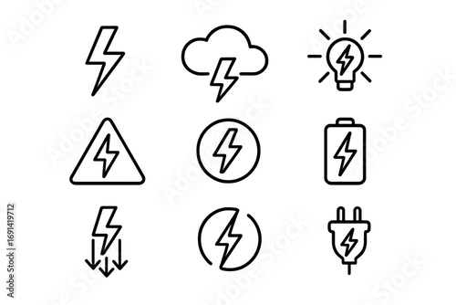Lightning bolt icon set. Power and energy line icons. Vector symbols for electricity, charge, thunder, and voltage. Editable stroke for UI, UX, web, and app design.