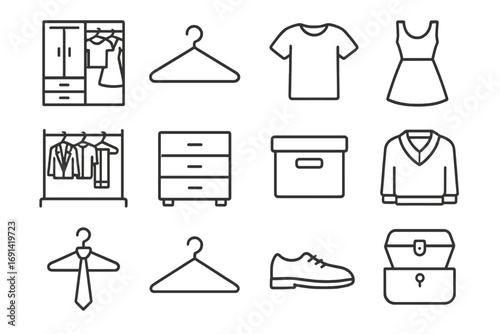 Closet and wardrobe line icon set. Vector symbols for clothing, furniture, storage and fashion. Editable stroke pictograms for web, app, and print design projects.
