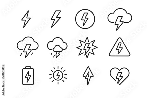 Lightning bolt thin line icon set. Thunder, electricity and power symbol collection. Vector weather, energy charge, solar power, high voltage warning and heartbreak icons.