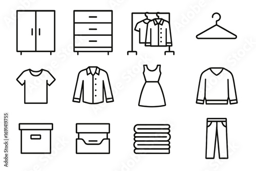 Closet organization line icon set. Wardrobe and clothing storage symbols. Vector pictogram collection of furniture, apparel, fashion, and home essentials illustration.