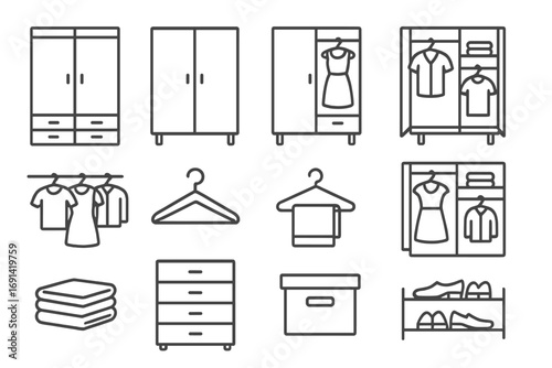 Closet organization and home furniture simple line icon set. Wardrobe, clothes hanger, dresser and shoe rack vector icons. Clothing storage & apparel outline pictogram.