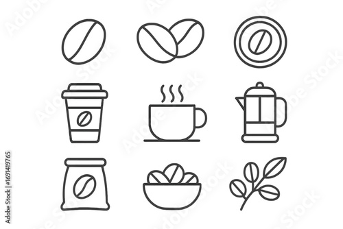 Coffee line icon set. Vector graphic symbols. Bean, cup, hot mug, french press, bag, plant. Editable stroke. Minimal outline pictogram for cafe menu, app, web. Drink.