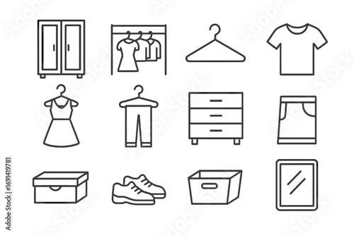 Closet icon set for wardrobe organization. Thin line symbols of furniture, clothes, shoes, hanger, mirror, drawer, and storage box. Vector editable stroke illustrations.