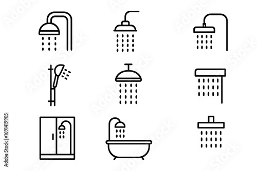 Shower icon set for bathroom. Line art pictograms. Web and mobile app symbols. Bathing and hygiene concept. Clean water wash vector. Shower head, cabin and bathtub.