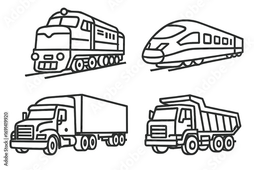 Transport vehicle outline icon set. Vector collection of trains and trucks. Includes locomotive, high-speed train, semi-truck, and dump truck for logistics and freight.