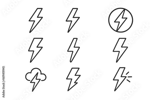 Lightning bolt line icon set. Thunder flash storm symbol collection. Simple outline electric power, energy charge pictogram. Editable stroke vector graphic design element.