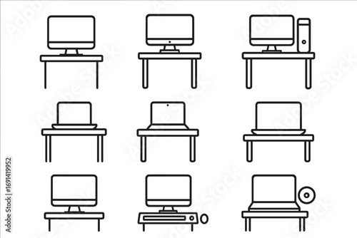 Computer on desk line icon set. Collection of thin editable stroke pictograms. Workplace, office, desktop, laptop and monitor symbols for web design, apps and infographics.