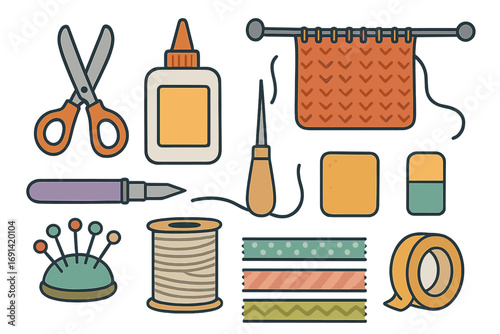 Crafting essentials and DIY hobby tools set. Vector icons for handmade projects like sewing, knitting, and scrapbooking. Flat design cartoon illustration of art supplies.