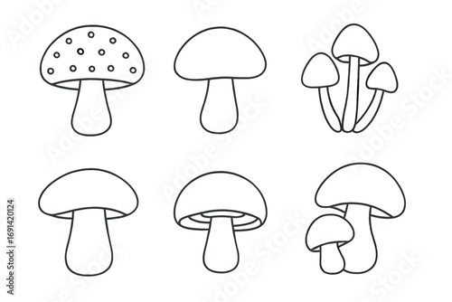 Mushroom icon set. Fungi collection of thin line icons. Editable Stroke. Suitable for web, books, cards, apps. Vector cartoon illustration. Toadstool, amanita outline.