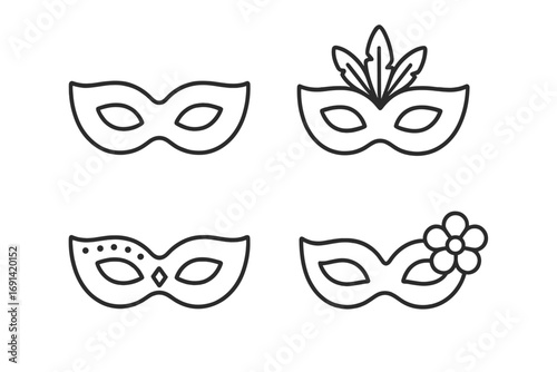 Carnival mask line icon set. Masquerade ball, Mardi Gras festival vector illustration. Venetian theatre costume party accessory. Editable stroke graphic design elements.