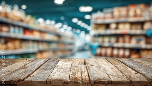 Wooden table top in front of a blurry supermarket aisle