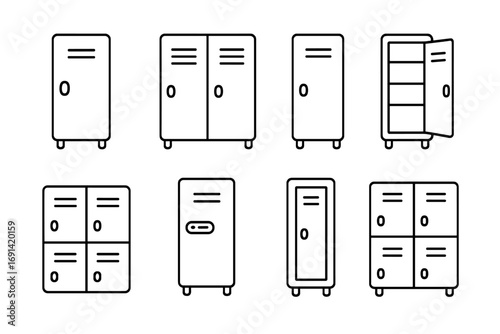 Locker line icon set. Vector collection of storage cabinet symbols. Gym, school, and office furniture pictograms. Safe box and deposit concepts for security. Editable stroke.