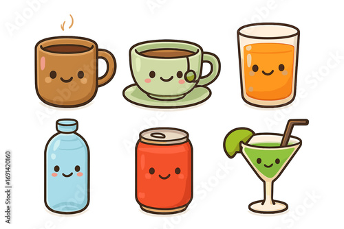 Cute beverage icon collection with happy smiling faces. Kawaii drink characters vector set: coffee, tea, juice, water, soda, cocktail. Cartoon mascot illustration for cafe.