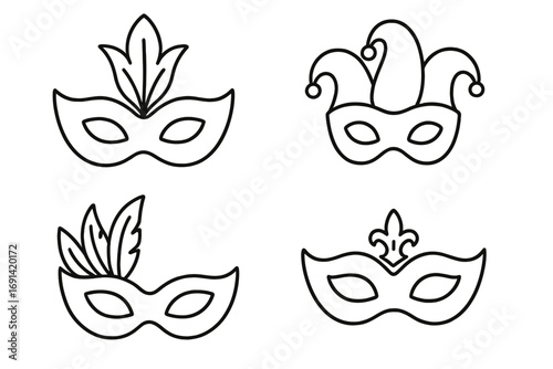 Carnival mask icon set for masquerade ball party. Vector line art collection of festival masks for Mardi Gras celebration. Jester, feather & fleur-de-lis designs. Editable stroke.