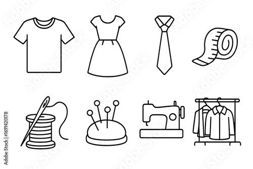 Sewing and tailoring line icon set for fashion design, garment making. Craft hobby concept. Vector icons: T-shirt, dress, tie, tape, needle, thread, pincushion, sewing machine.