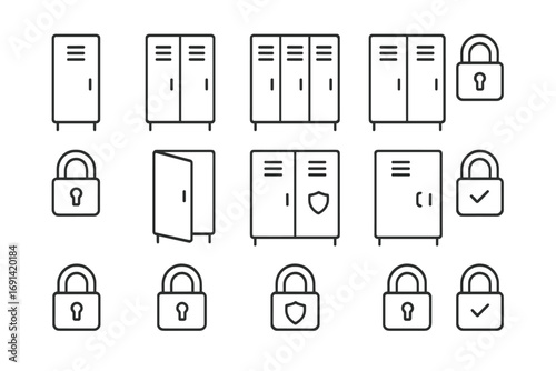Locker and lock thin line icon set. Vector symbols of security, safety, and storage concepts. Gym, school, and work cabinets with padlocks. Editable stroke icons for web.