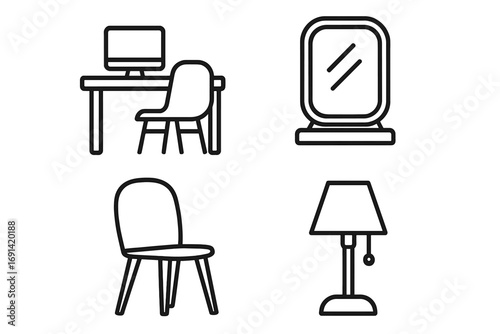 Furniture interior decor linear icon set. Simple outline symbols. Workplace with desk, computer. Home office chair, mirror, table lamp. Minimalist vector line art for web.