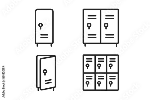 Locker line icon set. School, gym, and fitness club storage cabinets. Simple isolated vector graphic collection for security and personal belongings. Editable stroke symbols.