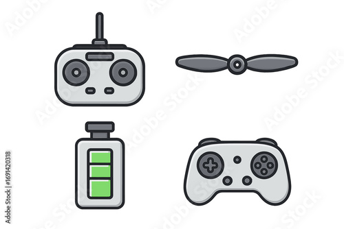 Drone accessory vector icon set. Remote control, propeller, battery, and gamepad controller. Quadcopter technology equipment for flight. UAV parts cartoon illustration symbols.
