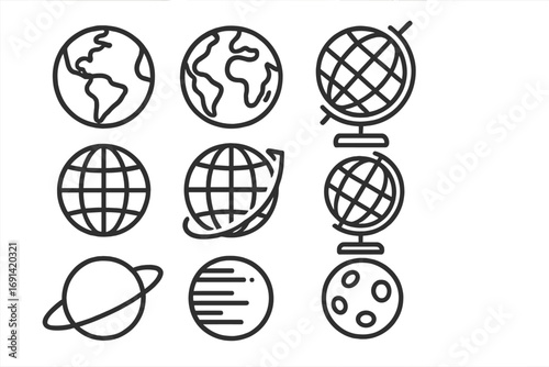 Planet Earth and globe line icon set. World map, moon, saturn symbols. Outline signs for graphic web design, apps, geography. Simple vector pictogram collection for global business.