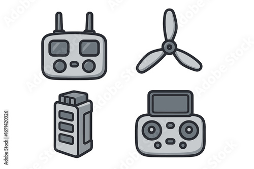Drone accessory icon set. Vector cartoon collection of quadcopter parts. Remote controller, propeller, battery graphic elements. UAV technology equipment symbols for design.