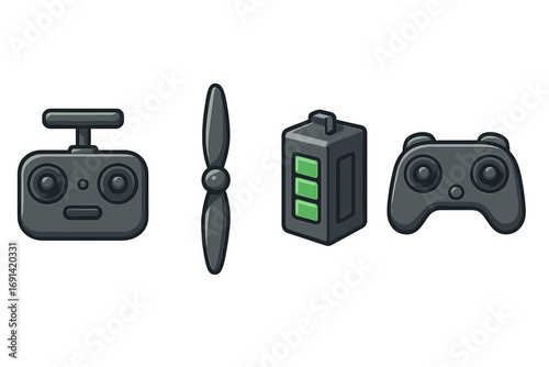Drone accessory icons set. Vector cartoon illustration of quadcopter equipment. Includes remote control, propeller, spare battery, and gamepad controller for UAV flight.