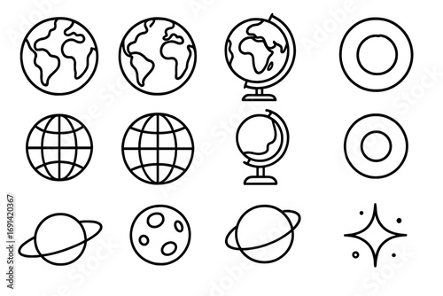 Planet Earth and globe thin line icon set. Vector outline pictograms for web and graphic design. Space, world, moon, and saturn symbols. Minimalist linear illustration.