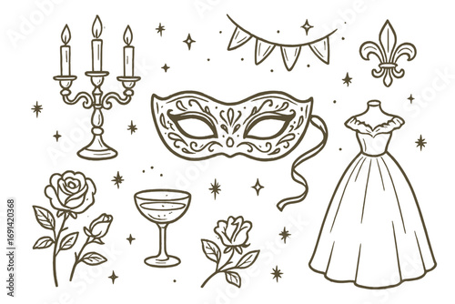 Elegant masquerade ball vector elements set. Hand drawn vintage line art illustration. Venetian carnival mask, festive dress, candelabra, rose, fleur de lis, champagne.