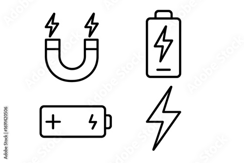 Electricity and energy line icon collection. Vector symbols of magnet, battery charge, and lightning bolt. Outline signs for power, voltage, and magnetism concepts. For web.
