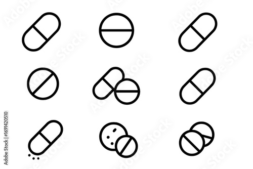 Pills and capsules icon set. Vector line art illustration for medical and healthcare concepts. Pharmacy, medicine, drugs, and treatment symbols. Minimalist design elements.