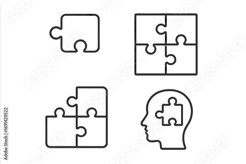 Puzzle piece and jigsaw icon set. Head with puzzle inside. Metaphor for problem, solution, psychology, logic, and autism. Thinking and mental health concept. Line vector.