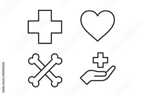 Medical and health care line icon set. Minimalist pictograms including medical cross, heart, and bones. For first aid, emergency services, and cardiology concepts. Vector