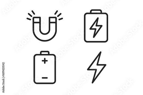 Power and energy line icon pack. Magnet, battery charge, and lightning bolt symbols. Outline vector signs for web design, apps, and infographics. Electricity and magnetism concept.